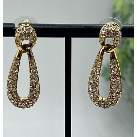 SWAROVSKI Swan Vintage Gold Crystal Dangle Drop Designer Door Knocker Earrings - Picture 2 of 14